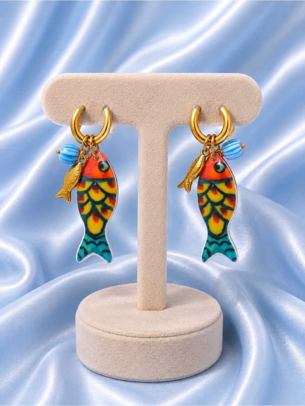 Amalfi Gold Fish Charm Blue Multicolor Ceramic Earrings